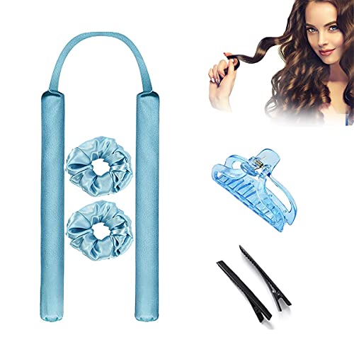 Upgrade Rubber Heatless Curling Rod Headband Lazy Heatless Hair Curlers For Long Hair, No Heat Silk Curls Headband Soft Rubber Hair Rollers, Curling Ribbon and Flexi Rods for Natural Hair (Blue)