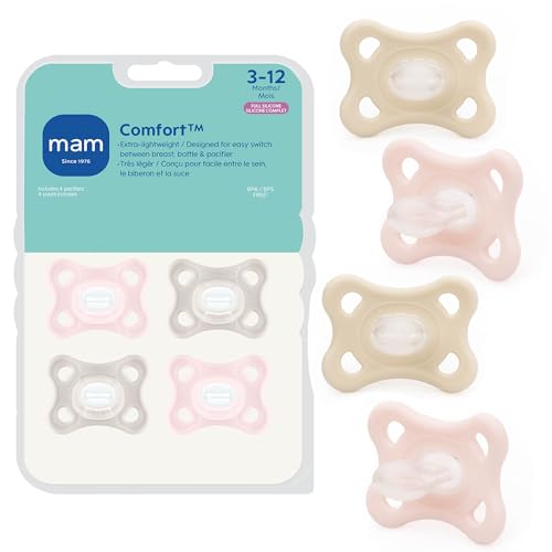 Image of MAM Comfort Baby Pacifiers 3-12 Months Babies, Lightweight One-Piece Full Silicone Binky, BPA-Free Nipple, Easy to Clean Pacifier, Best for Breastfed Babies, 4 Pack, Made in Europe