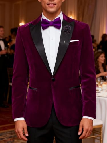 Image of Barry.Wang Velvet Mens Blazer Mardi Gras Sport Coat Brooch Regular Fit Tuxedo Peaked Lapel Suit Jacket Carnival Parade