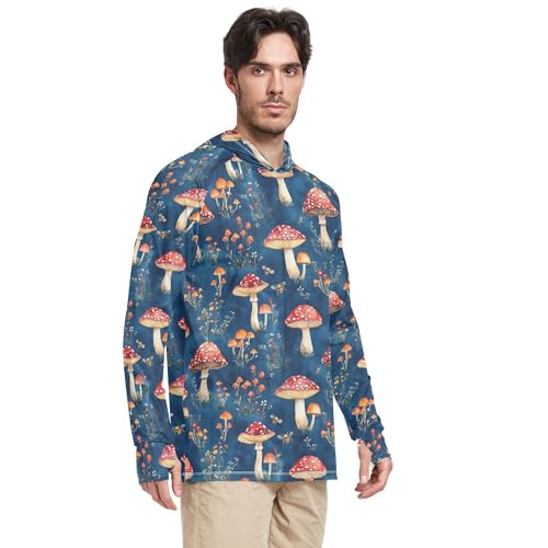 Wudan Red Mushrooms Royal Blue Mens Hoodies Shirts Long Sleeve Sailing Rash Guard UPF 50+ Sport Shirt S2