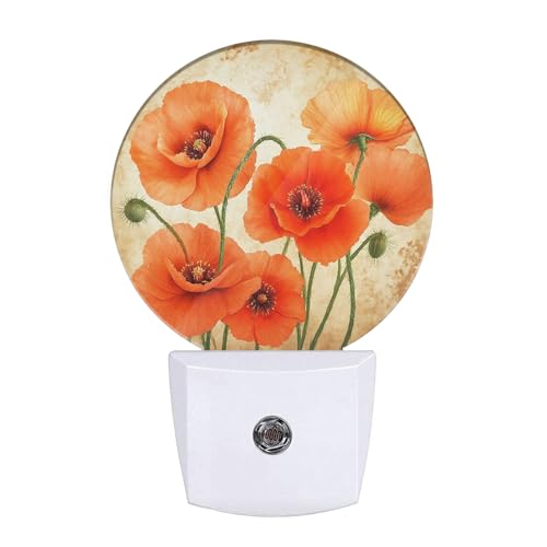Image of EKOBLA Poppy Flower Night Light, Vintage Red Orange Floral Night Lights Plug Into Wall with Dusk to Dawn Sensor for Hallway