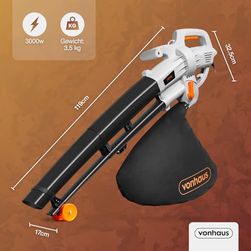 VonHaus Laubbläser 3000W, 3-in-1 Elektrischer Laubsauger mit Kabel für Garten, Terrasse, Einfahrt, usw. Saug-, Blas- und Häckselfunktion, 270 km/h Blasgeschwindigkeit, Fangsack 35L, Traggurt & Räder