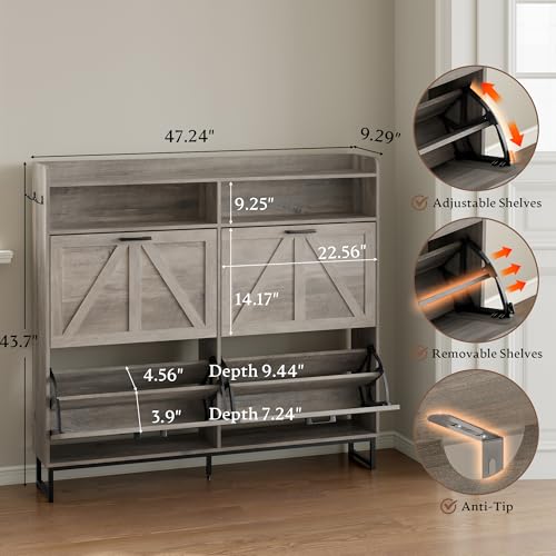 Image of BORNOON Shoe Cabinet with 4 Flip Drawers Narrow Shoe Storage Cabinet Organizer Wooden Freestanding Shoe Rack Hidden Slim Shoes Storage Cabinet for Entryway, Hallway, Living Room, Bedroom