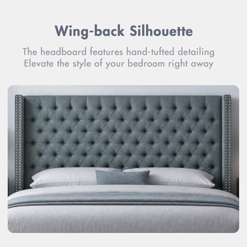Image of Madison Park King Wingback Upholstered Tufted Headboard, Featuring High-Density Sponge Padding, Adjustable Height Headboard, Easy Assembly, Dark Grey Woven