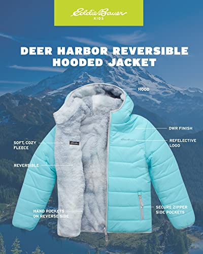 Eddie Bauer Girls' Reversible Jacket - Deer Harbor Waterproof Lightweight Puffer Coat With Faux Shearling Lining (5-20), Size 5/6, Aqua #TOP2