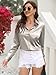 Womens Soft Satin Silk Button Down Shirts for Women Silky Long Sleeve Work Shirt Dress Blouses Tops Silver Grey Size L