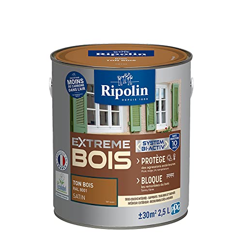 RIPOLIN - Peinture Bois Intérieur & Extérieur Extrême - Haute Protection 10 ans - Ton Bois RAL 8001 - 2,5 Litres
