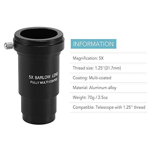 Leeofty 5X Barlow Ocular Ocular do Telescópio Astronômico de 1.25 polegadas Ocular Multi-revestido O