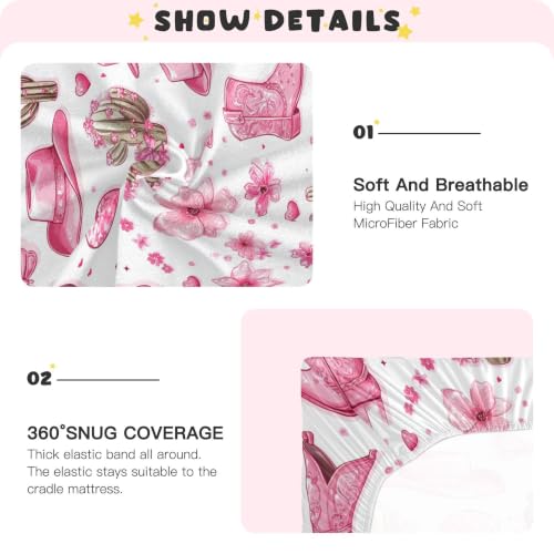 Image of Western Pinks Cowgirls Boots Crib Sheets Soft Breathable Fitted Baby Crib Sheets Mattress Cover for Girls Boys, 52 inch x 28 inch x 9 inch