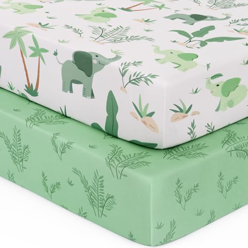 Image of Yukkidds Pack and Play Sheets Fitted Mini Crib Sheets for Pack N Play Mattress Stretchy Sheet for Playpen and Playard Bedding Soft Breathable 2 Pack Green Elephant