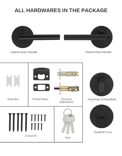 Image of Lethato Black Door Handle and Deadbolt Set, Heavy Duty Front Door Lock Set, Exterior Door Lever Single Keyed Round Deadbolt Lock (2 Pack)