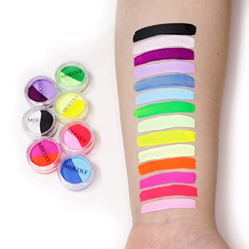 Meicoly Water Activated Eyeliner 14 Colors, Christmas Neon Rainbow Face Paint,7 Cakes Duo Color Halloween Hydra Liner,Matte Graphic Eyeliner, Uv Glow Fluorescent Blacklight Black White Body Paint #TOP6
