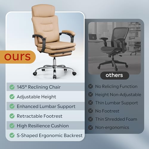 Image of DEVAISE Executive Leather Home Office Chair with Footrest, High Back and Heavy Duty, Comfortable Big and Tall Ergonomic Desk Chair with Lumbar Support, Comfy Reclining, SGS Class 4 Gas Lift, Brown