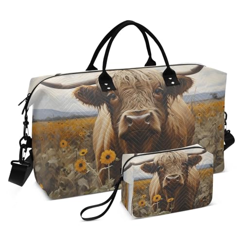 CEBUGI Highland Cow with Sunflowers Quilted Duffle Bag for Women Large Carry On Travel Weekend Bag Hospital Bags for Labor and Delivery