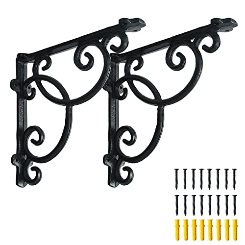 2 Antique Black Shelf Brackets,Cast Iron Shelf Supply,Decorative Corbel,with Screws Anchor (8'' Brackets C)