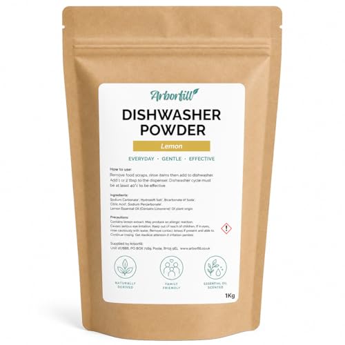 Natural Dishwasher Powder 1kg Plastic-Free Dishwasher Detergent Eco-Friendly Lemon Essential Oil Powerful Grease & Stain Removal Septic Tank Safe Low-Tox Cleaning
