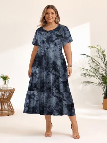 Image of LARACE Plus Size Dresses for Women Summer Casual Short Sleeve Long Dress Flowy Maxi Beach Dresses with Pockets L-6XL