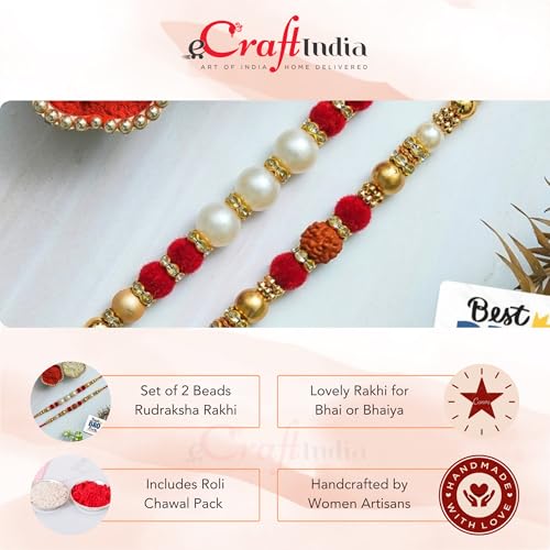 Image of eCraftIndia Beads Rudraksha Rakhi Set of 2 | Rakhi for Brother Bhaiya Bhai with Best Bro Ever Fridge Magnet | Roli Chawal Pack