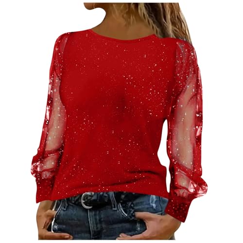 Sparkly Tops for Women UK - Ladies Sequin Top Going Out Sparkling Shiny Evening Party Wear Long Sleeve Blouses Boat Neck Tee Shirts Elegant Tunic Tops Mesh T-Shirt