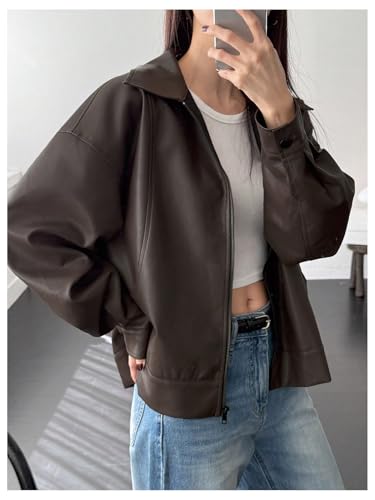 SOLY HUX Women's Zip Up Collared Faux Leather Motorcycle Jackets Causal Lightweight Oversized Outerwear Coat3