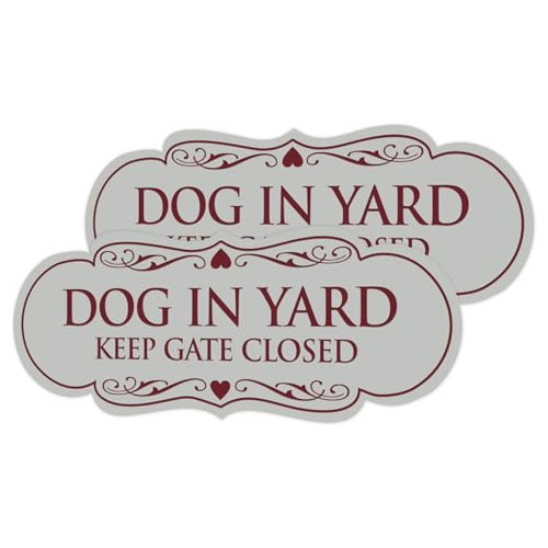Signs ByLITA Designer Dog in Yard Keep Gate Closed Wall or Door Sign - Easy to Install | Durable Dog Safety Signs (Light Grey/Burgundy) - X-Large 2 Pack