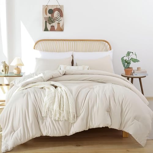 Image of ROSGONIA Oversized King Comforter 120x120, 3pcs Super King Comforter (1 Beige Comforter & 2 Pillowcases) Lightweight Warm Bedding Set Blanket Quilt
