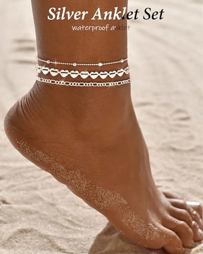 Image of ZHESHY Gold Silver Ankle Bracelets for Women 14K Gold Plated Anklets for Women Waterproof Cuban Link Heart Chain Anklets Set Non Tarnish Dainty Layered Anklet Bracelets for Women Summer Beach Jewelry