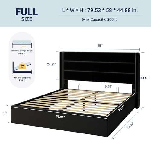 Image of Allewie Full Size Velvet Lift Up Storage Bed, Modern Wingback Headboard, Hydraulic Support, No Box Spring Needed, Black