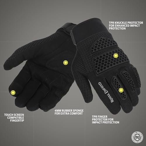 Image of Royal Enfield Street Ace Riding Gloves | Air Mesh- Optimum Ventilation | Microsuede Patch for Grip | Poly Stretch Fabric | Protection- TPR Knuckle Protectors | Black M