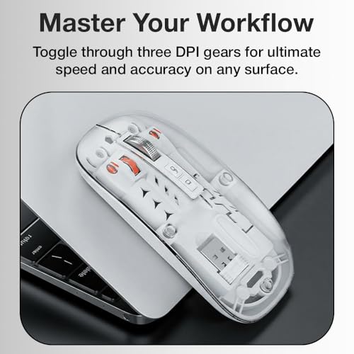 Image of Glassology Transparent 2.4GHz Wireless + Bluetooth Mouse, Multi-Device Dual Mode Slim Rechargeable Silent Click Buttons Wireless BT Mouse, Adjustable DPI 800-1200-1600 (White)