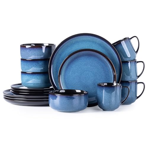 Image of LERATIO Ceramic Dinnerware Sets for 4,16-Piece Reactive Glaze Plates and Bowls Set with Mugs,Highly Chip and Crack Resistant | Dishwasher,Microwave & Oven Safe Dishes set-Blue