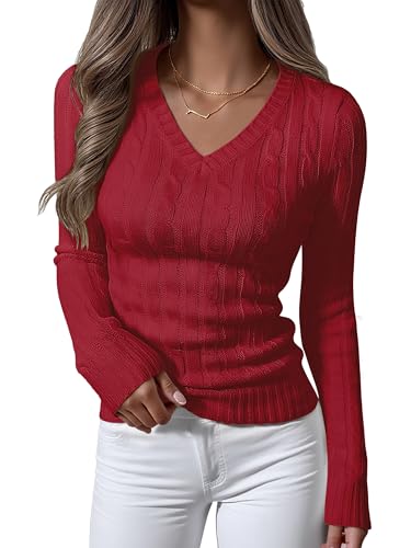 Image of ANRABESS Women's Cable Knit V Neck Fitted Sweaters