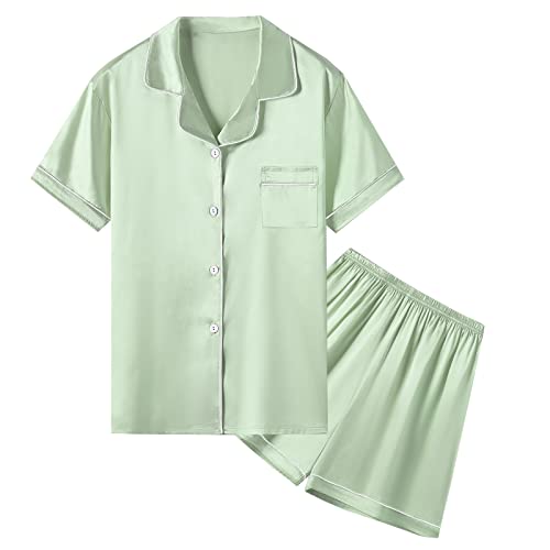 Image of Umeyda Women & Girls Pajamas Set, 2 Piece PJS Satin Silk Sleepwear Button-Down Top with Shorts for Mom Kids Gifts