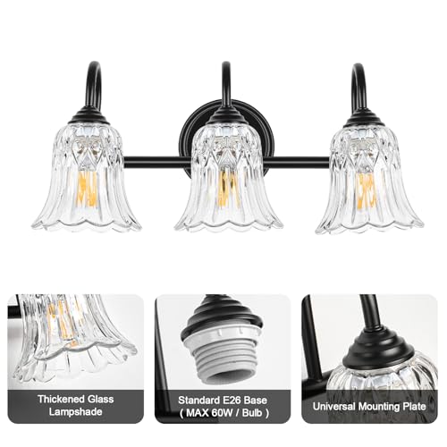 Image of Vintage Bathroom Vanity Light Fixtures, 3-Light Black Vanity Lighting Fixture with Flower Glass Shade, 18.9 Inch Bathroom Lighting Fixtures Over Mirror, Living Room, Dressing Table