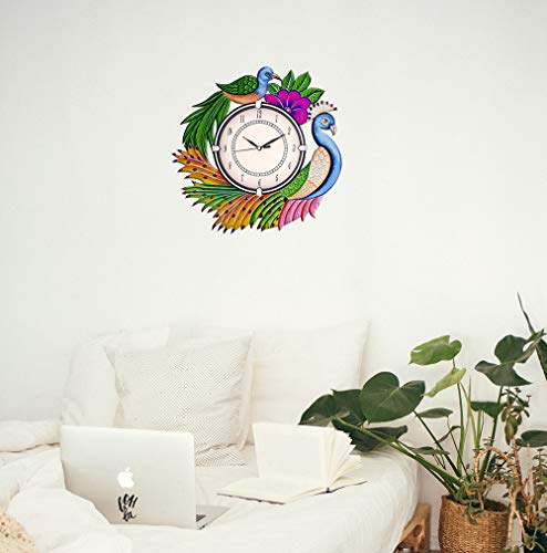 Image of Wooden Peacock Design Wall Clock Round Quartz Analog Decorative Antique Wall Clock for Home & Office Decor