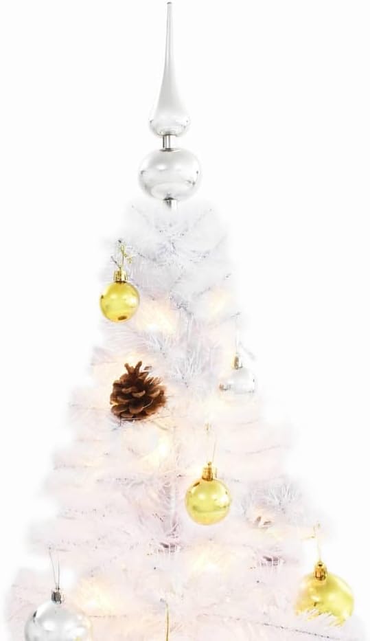 vidaXL Artificial Pre-lit Christmas Tree with Baubles, Holiday Party Decoration Xmas Tree, Christmas Ornament for Indoor Outdoor, White