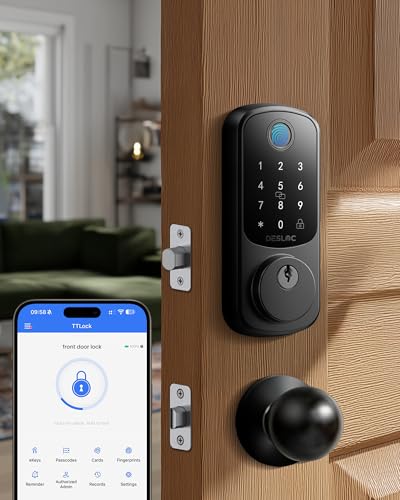 Image of DESLOC B200 Fingerprint Smart Lock with 2 Knobs, Keyless Entry Front Door Lock Set, Electronic Keypad Deadbolt, App Control, Auto Lock, Long Battery Life,Matte Black | Front and Exterior Door, Fingerprint and Voice Unlock, Touchscreen with Backlit, App Control, Auto Lock, Anti-Peep, IP54