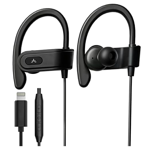 Avantree L171 - Wired Earbuds with Lightning Connector [MFi Certified], Microphone & Volume Controls, Over-Ear Hooks for Sports, Headphones Compatible with iPhone14 13 12 11, Support All iOS Systems