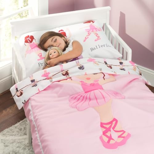 Image of EVERYDAY KIDS 4 Piece Toddler Bedding Set -Born to Dance Ballerina- Includes Comforter, Flat Sheet, Fitted Sheet and Reversible Pillowcase