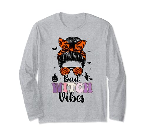 Bad Witch Vibes Halloween Spooky Season Messy Bun Women Girl Manga Larga