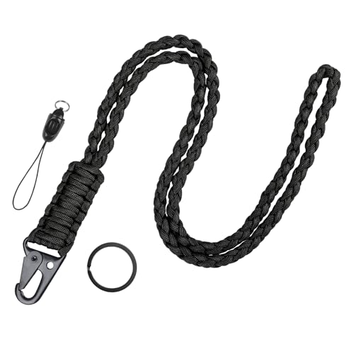 Uniclife Paracord Schlüsselband mit Karabiner Lanyard & Schlüsselanhänger Band für Männer Robuster Paracord-Gurt für Schlüssel Ausweishalter Langes Schlüsselband mit Metallring (Schwarz)