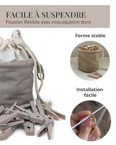 LIVLIG Sac à pinces en tissu de toile de haute qualité avec mousqueton, espace pour 60 pinces à linge avec fermeture à clip Beige – vue 3