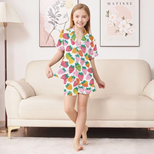 Cute Colorful Strawberry Summer Satin Pajama Set, Cute Button-Down Sleepwear Pj Set for Sleep Wears3