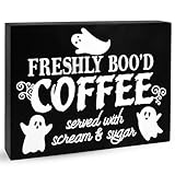 Letrero de madera de café recién abucheado para Halloween, decoración gótica de cocina, decoración de mesa de escritorio espeluznante