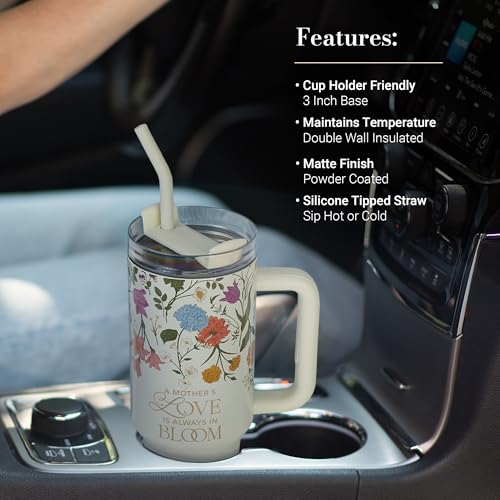 Image of Christian Art Gifts Large Stainless Steel Insulated Travel Mug Tumbler for Women: A Mother's Love Inspirational Scripture, Sturdy Handle, Reusable Straw, Flip Lid, White Multicolor Floral, 18 oz.
