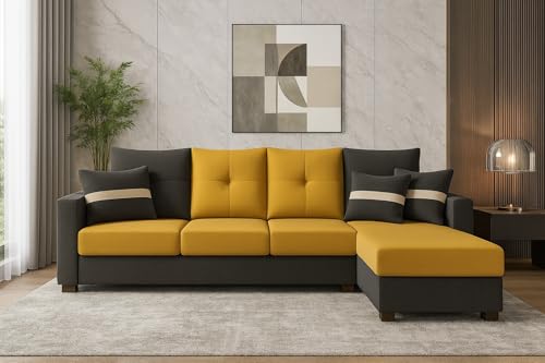 Image of CASASTYLE Vogue 5 Seater Fabric RHS L Shape Sofa Set (Yellow-Dark Grey) Velvet Finish | Comfortable Sectional Sofa for Living Room