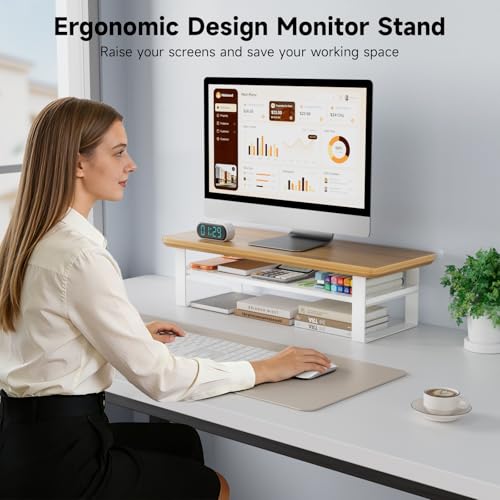 Image of Monitor Stand Riser, 24 Inch Computer Monitor Stand for Desk, 2-Tier Wood Desk Shelf Organizer with Storage, Desktop Stand for Laptop /Screen /PC /Printer, Ergonomic Home Office Monitor Stand