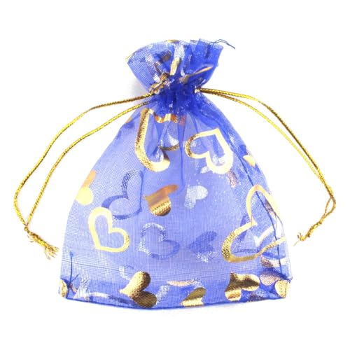 Image of 100 pcs 3.5 x 4.7 Inch Flower Heart Organza Jewelry Gift Pouch Candy Pouch Drawstring Wedding Favor Bags X92 (royalblue gold heart)