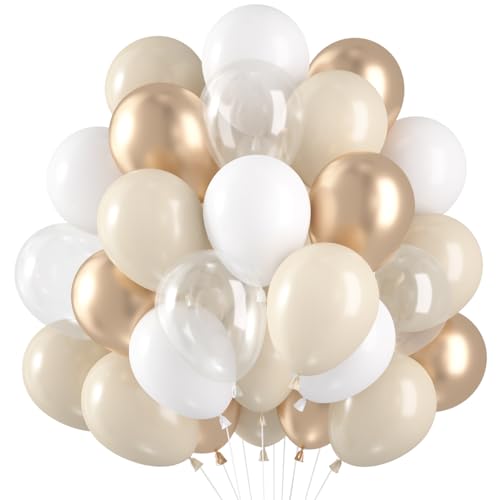 Capaneus Luftballons Beige Weiß, 60 Stück: 20 Stück Sandweiß, 20 Stück Beige, 10 Stück Champagner Gold, 10 Stück Klar, für Geburtstage, Babypartys, Hochzeiten & mehr