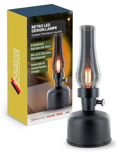 SCHWAIGER Retro LED Lampe im Petroleum Look I Kabellose Tischleuchte mit 2x 2000 mAh Akku I LED Leuchtmittel im Vintage Design mit Dimmer I 8h...